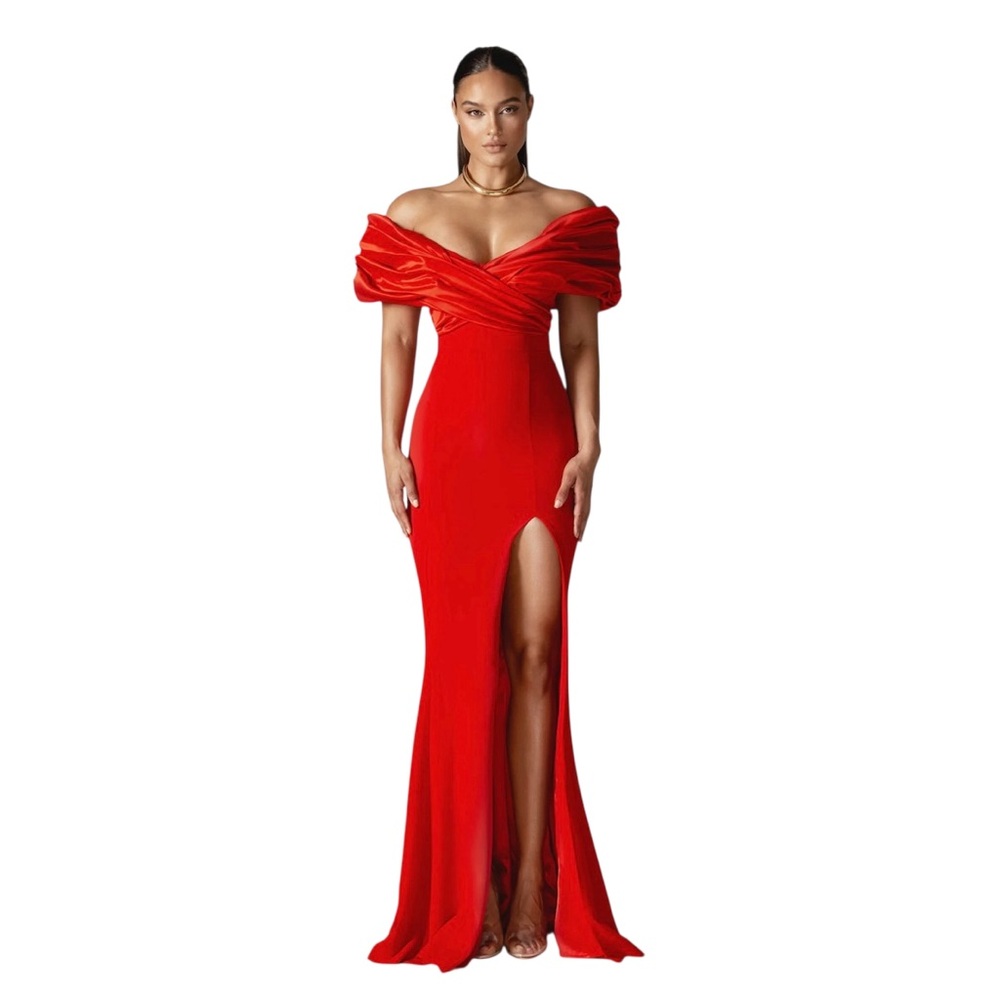 NWT Alieva Presley Crepe Ruffle Shoulder Gown Dress in Red Sz. L - Picture 3 of 15